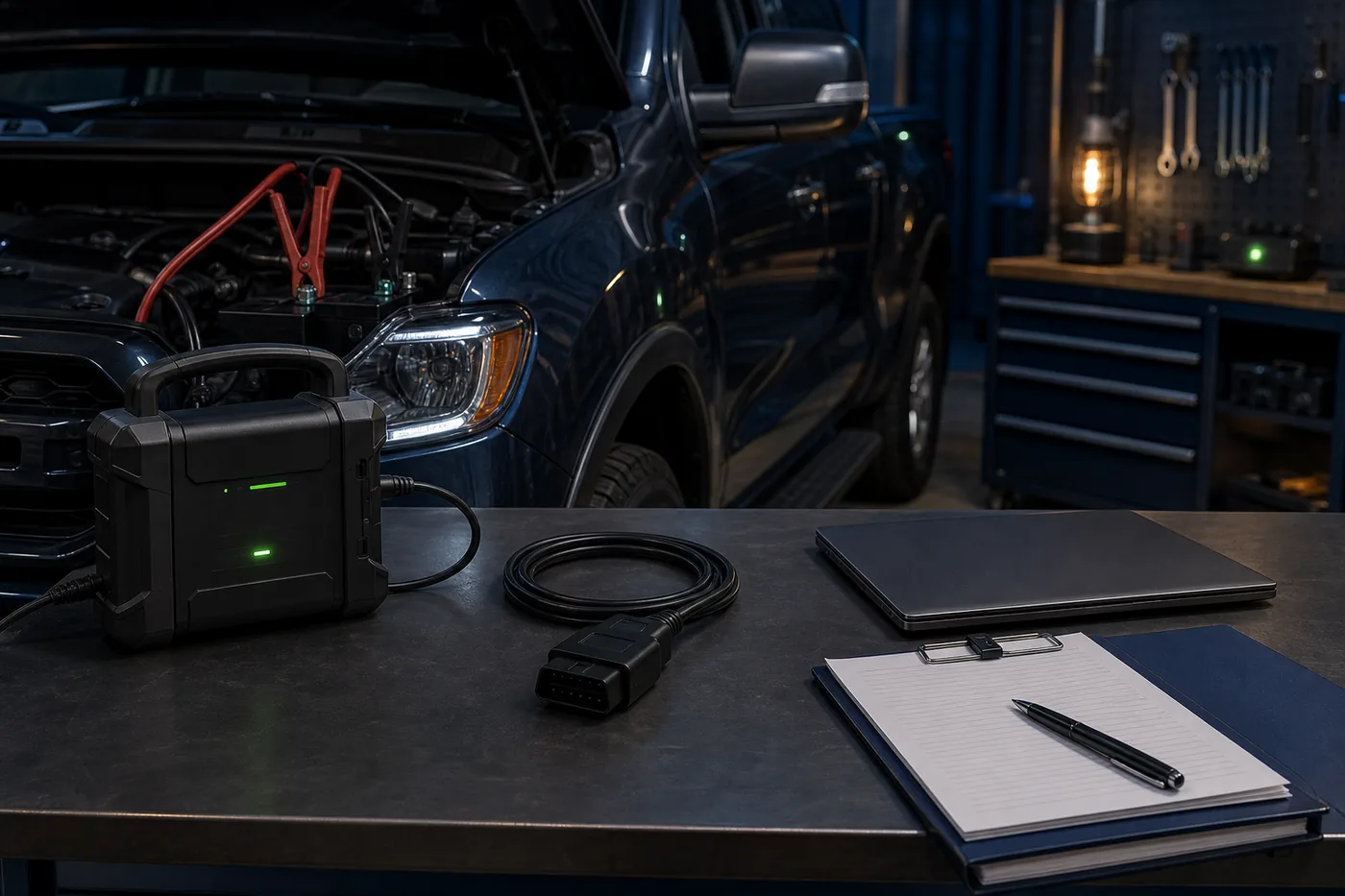 Batteriestütze, Kabeladapter und geschlossener Laptop