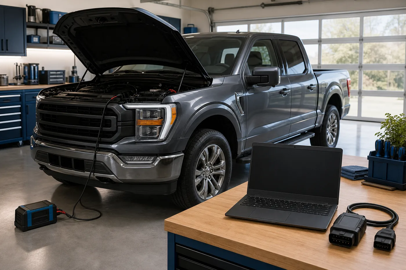 F-150, Windows-Laptop und Diagnoseadapter in einer Garage