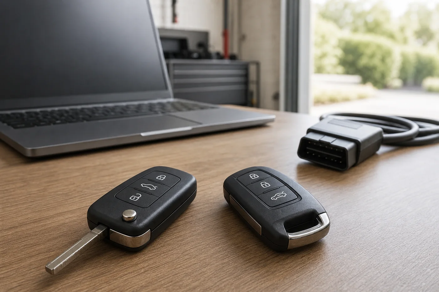 Illustration of two different key fobs beside a laptop and OBD adapter while checking for an administrator key