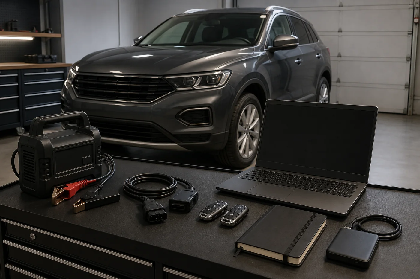 Illustrative recovery setup with stable power, laptop, OBD adapter, two keys and backup notes