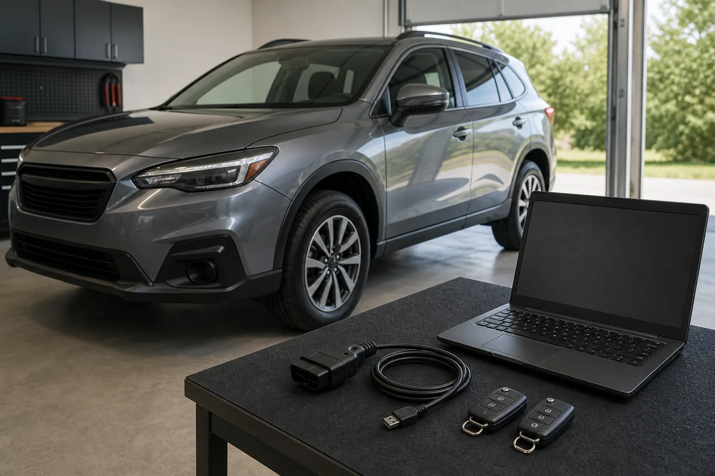 Illustrative garage setup with a laptop, OBD adapter and two vehicle keys for a FORScan MyKey reset guide