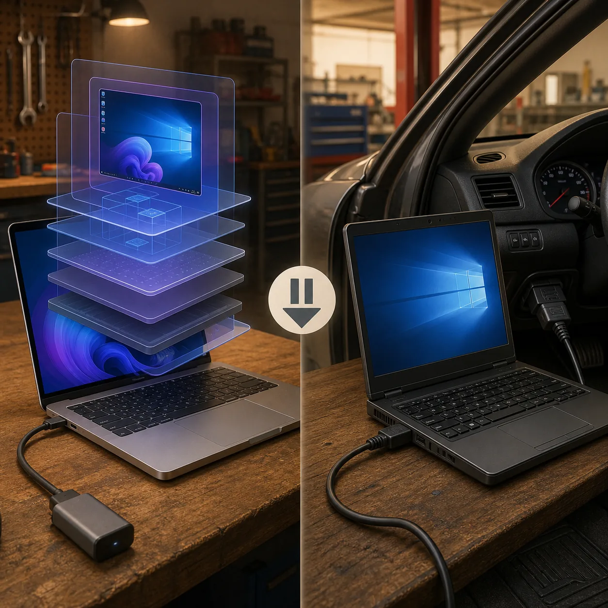 Conceptual comparison of a layered Mac virtual machine setup and a simpler wired Windows laptop setup