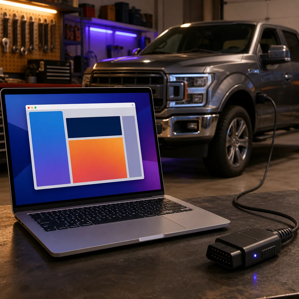 Conceptual illustration of a Mac laptop, Windows virtual machine, USB OBD adapter and vehicle