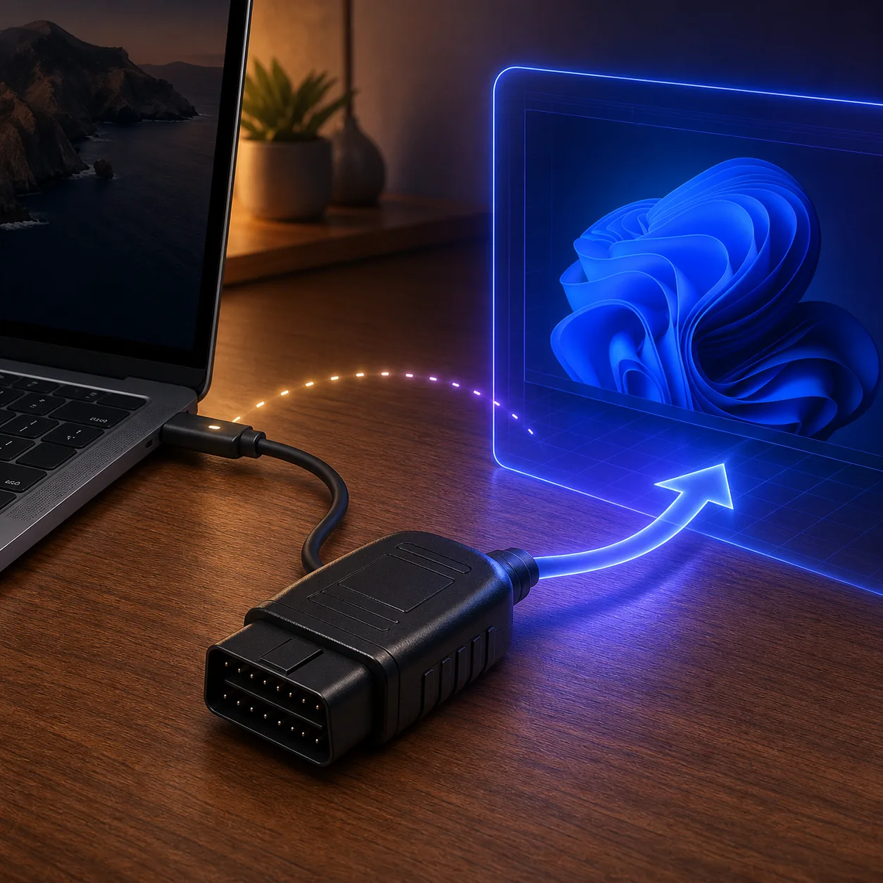 Conceptual illustration of a USB OBD adapter being passed from a Mac to a Windows virtual machine