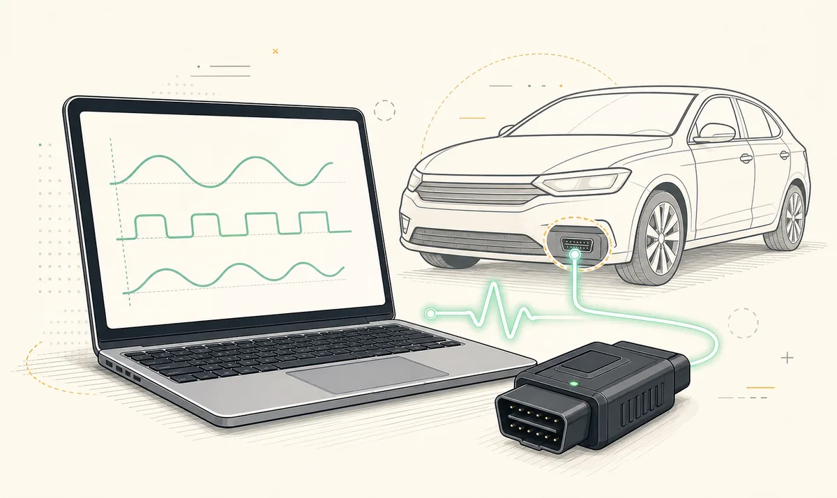 Illustration of a Windows laptop, OBD-II adapter and car prepared for vehicle diagnostics