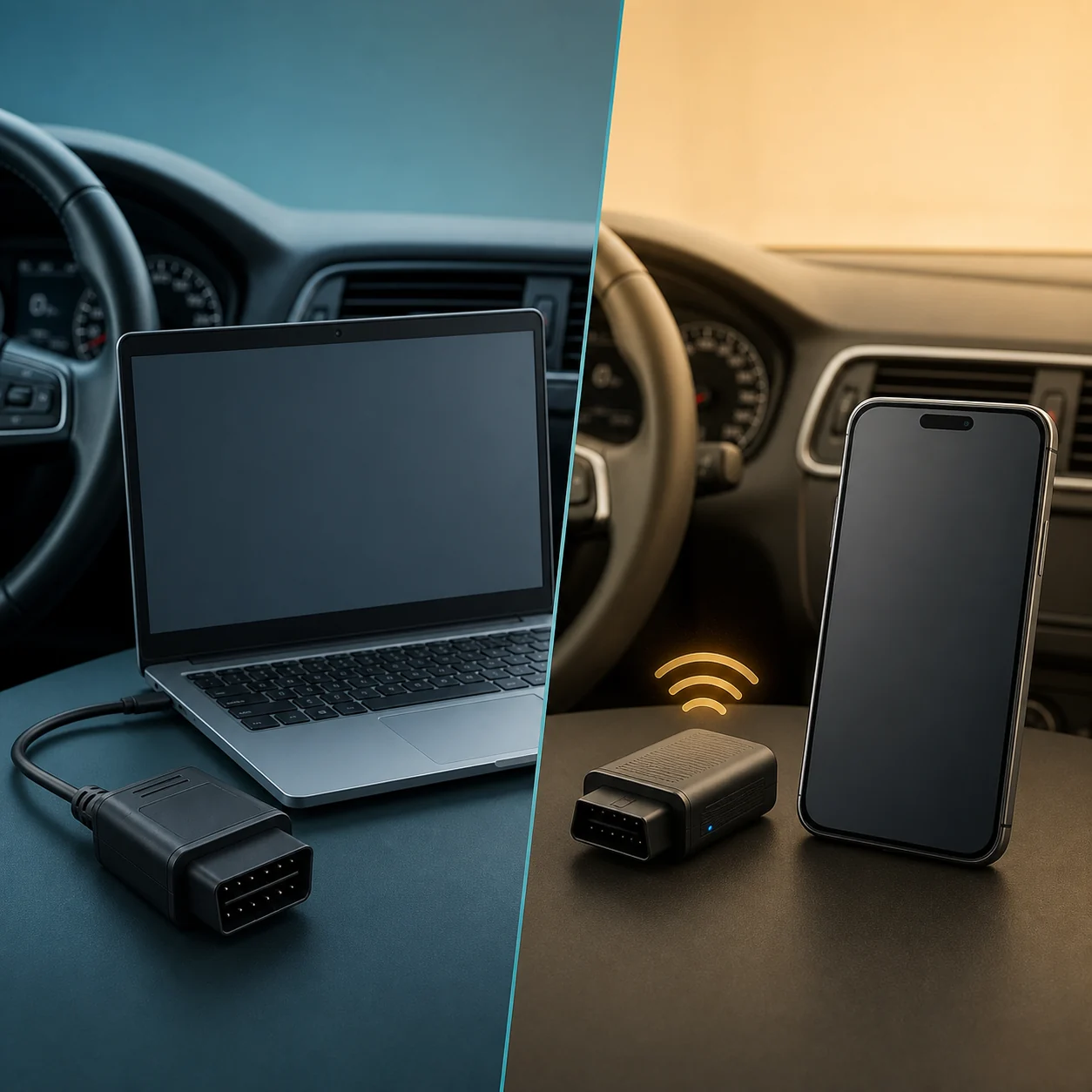 Conceptual comparison of a laptop with a wired OBD adapter and a smartphone with a wireless adapter beside a car dashboard